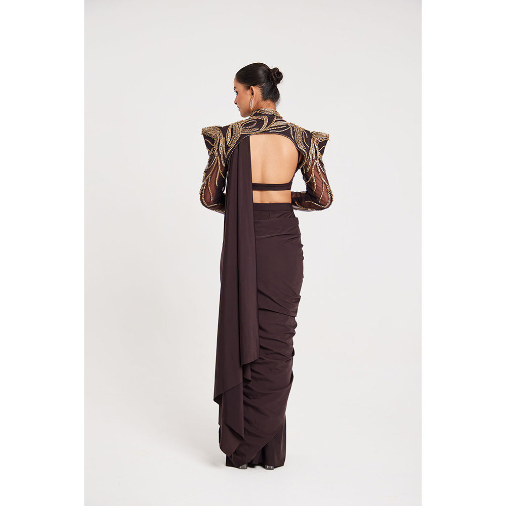 CHAASHNI BY MAANSI & KETAN Brown Embroidered Pre-Draped Saree with Stitched Blouse and Cape