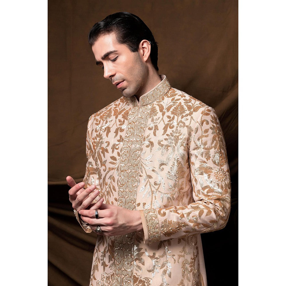 CHAR CHAAND Majestic Peach Golden Sherwani with Kurta and Churidar with Stole