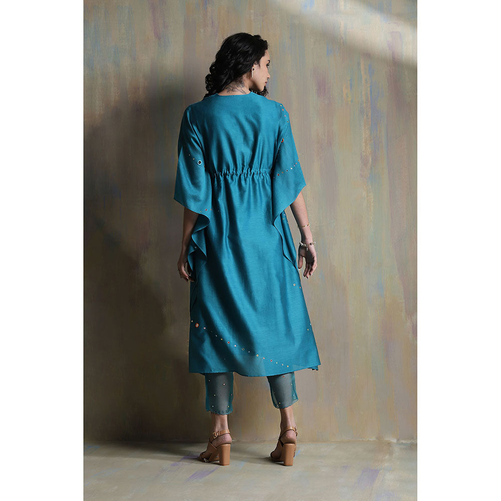 Charkhee Turquoise Chanderi Kaftan with Pants (Set of 2)