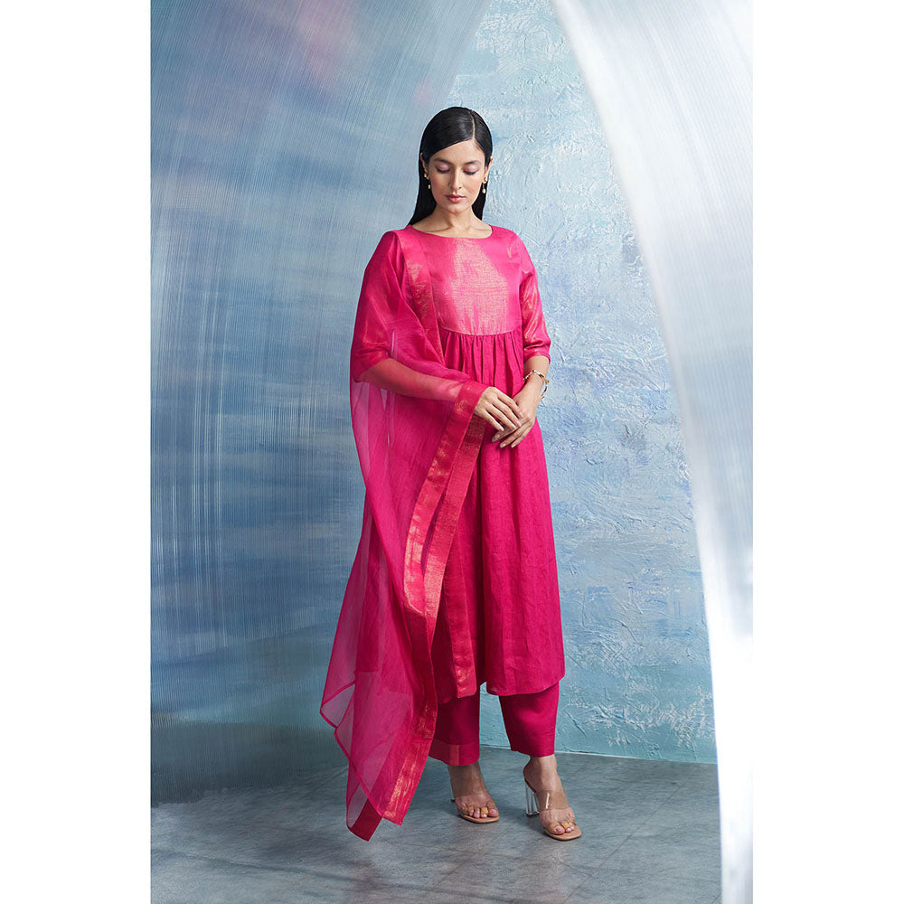 Charkhee Aura Fuchsia Pink Round Yoke Kurta with Palazzo and Dupatta (Set of 3)
