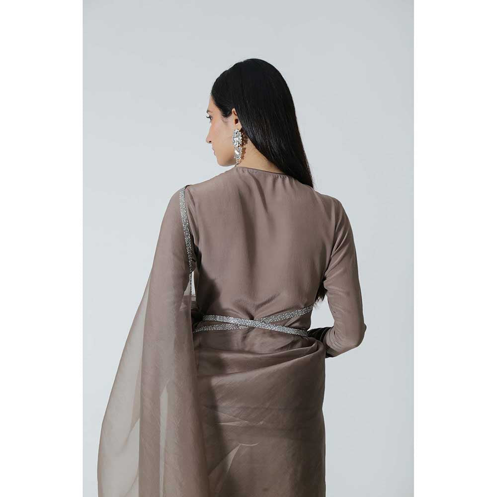 CHHAYA MEHROTRA Brown Celeste Saree with Stitched Blouse and Belt