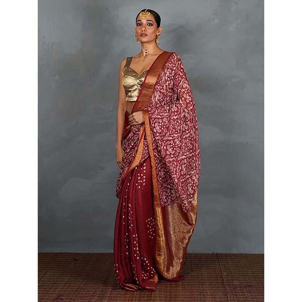Chidiyaa Urvi Maroon Handblock Linen Saree with Unstitched Blouse