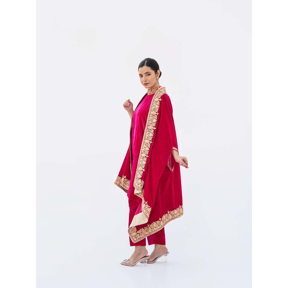Daljit Sudan Magenta Velvet Cape with Kurta and Pant (Set of 3)