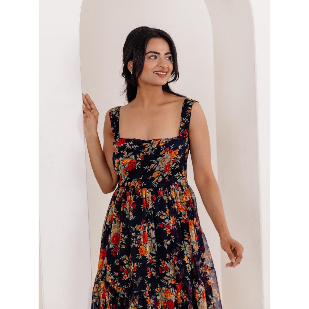 DEASHA INDIA Ruhi Black Floral Printed Long Dress