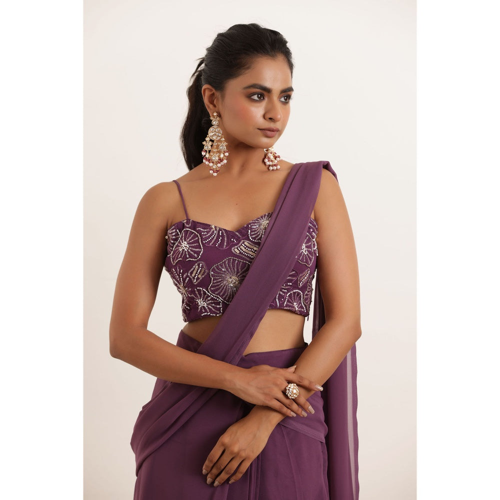 DEASHA INDIA Tamanna Regal Purple Pre Draped Ruffle Saree with Stitched Blouse