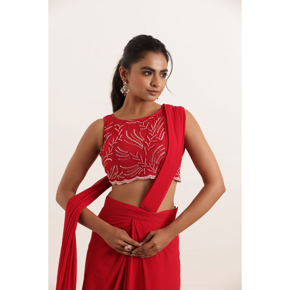 DEASHA INDIA Aria Cherry Red Pre Draped Saree with Stitched Blouse