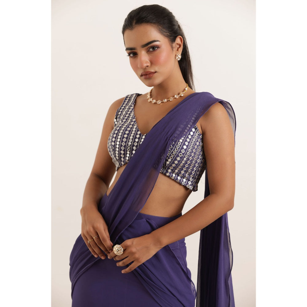 DEASHA INDIA Aarushi Cyber Grape Ruffle Saree with Stitched Blouse