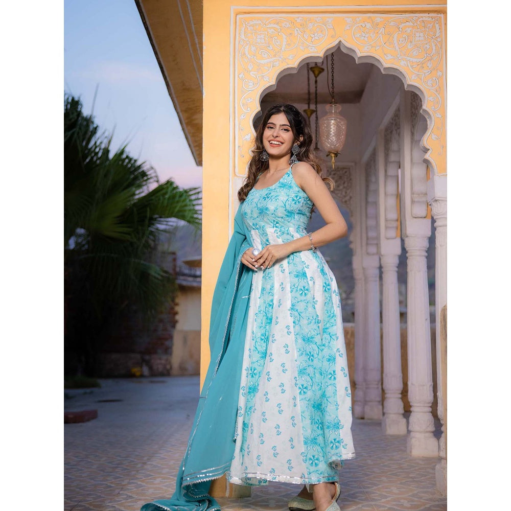 DEASHA INDIA Avani Cotton Turquoise Anarkali with Pant and Dupatta (Set of 3)