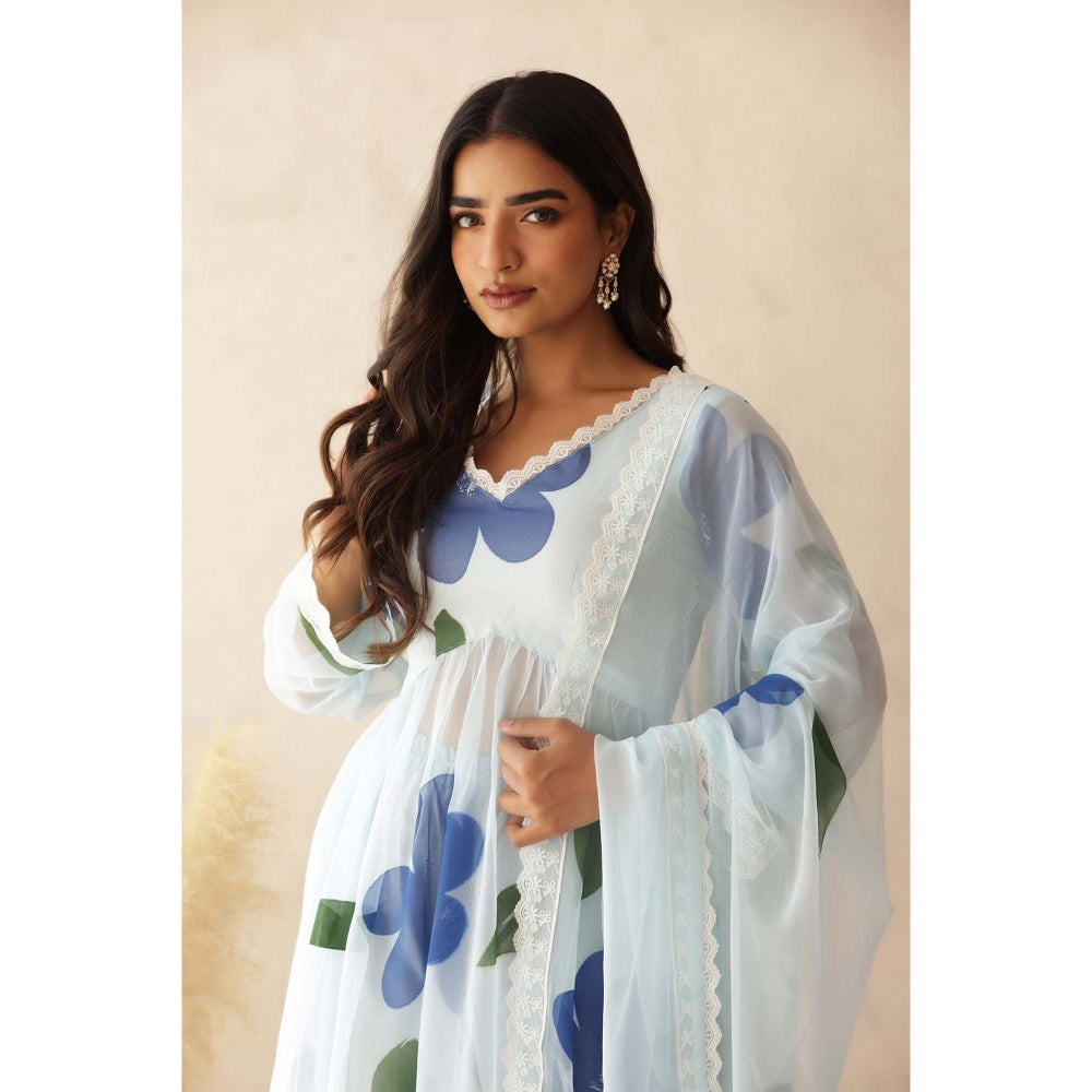 DEASHA INDIA Tahira Blue Hand Painted Anarkali with Pant and Dupatta (Set of 3)