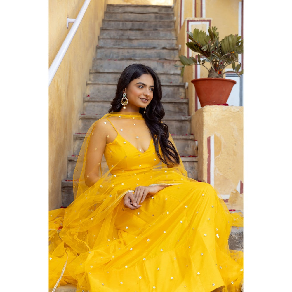 DEASHA INDIA Sahana Yellow Embroidered Net Lehenga with Blouse and Dupatta (Set of 3)
