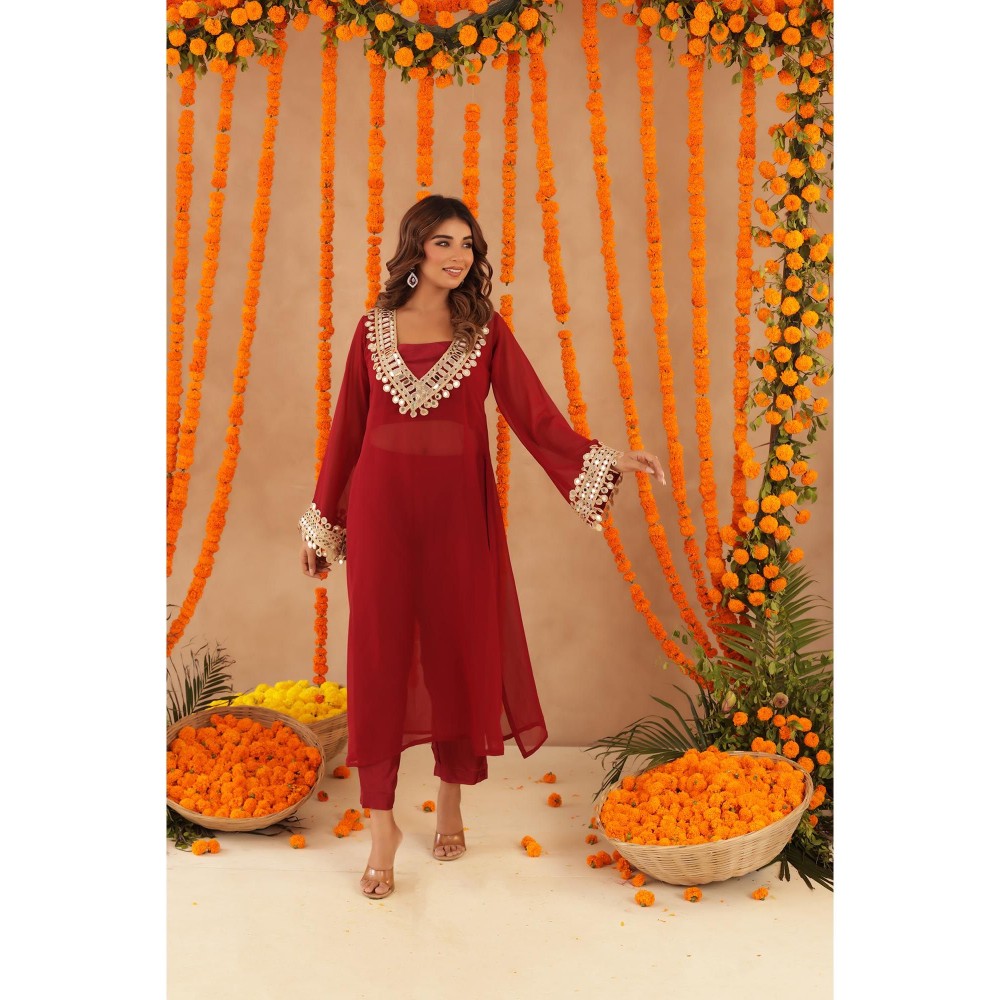 DEASHA INDIA Netra Red Mirror Work Kurta with Bustier & Dupatta