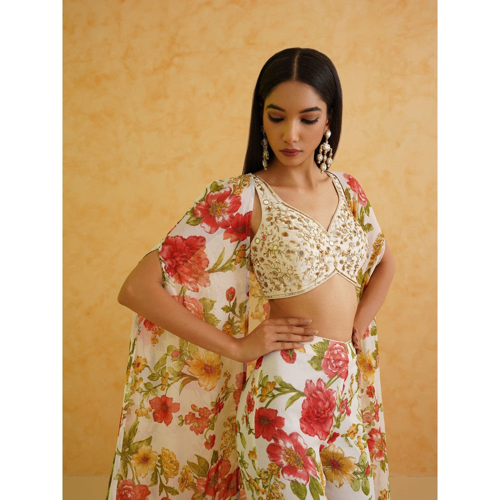 Deepika Chadha White Embroidered Blouse with Cape and Sharara (Set of 3)