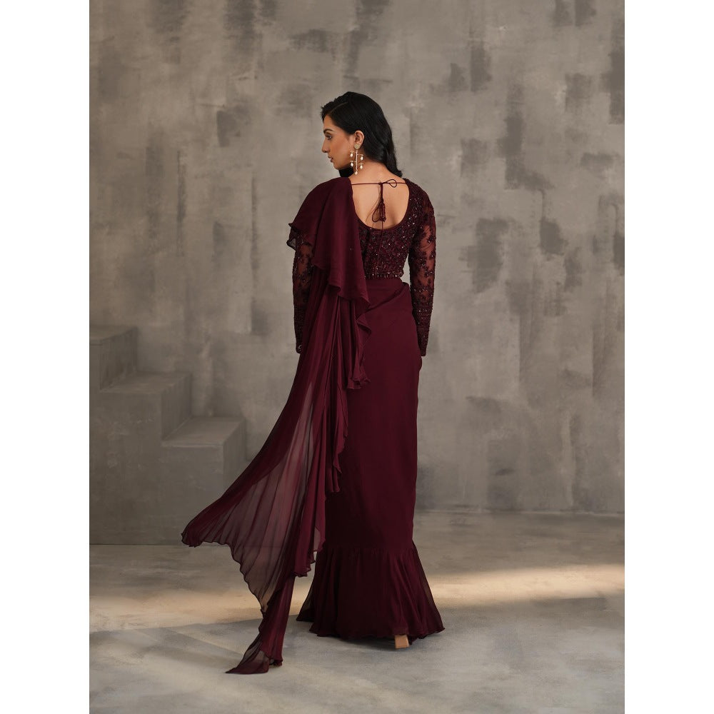 Deepika Chadha Wine Embroidered Pre-Draped Ruffle Saree with Stitched Blouse