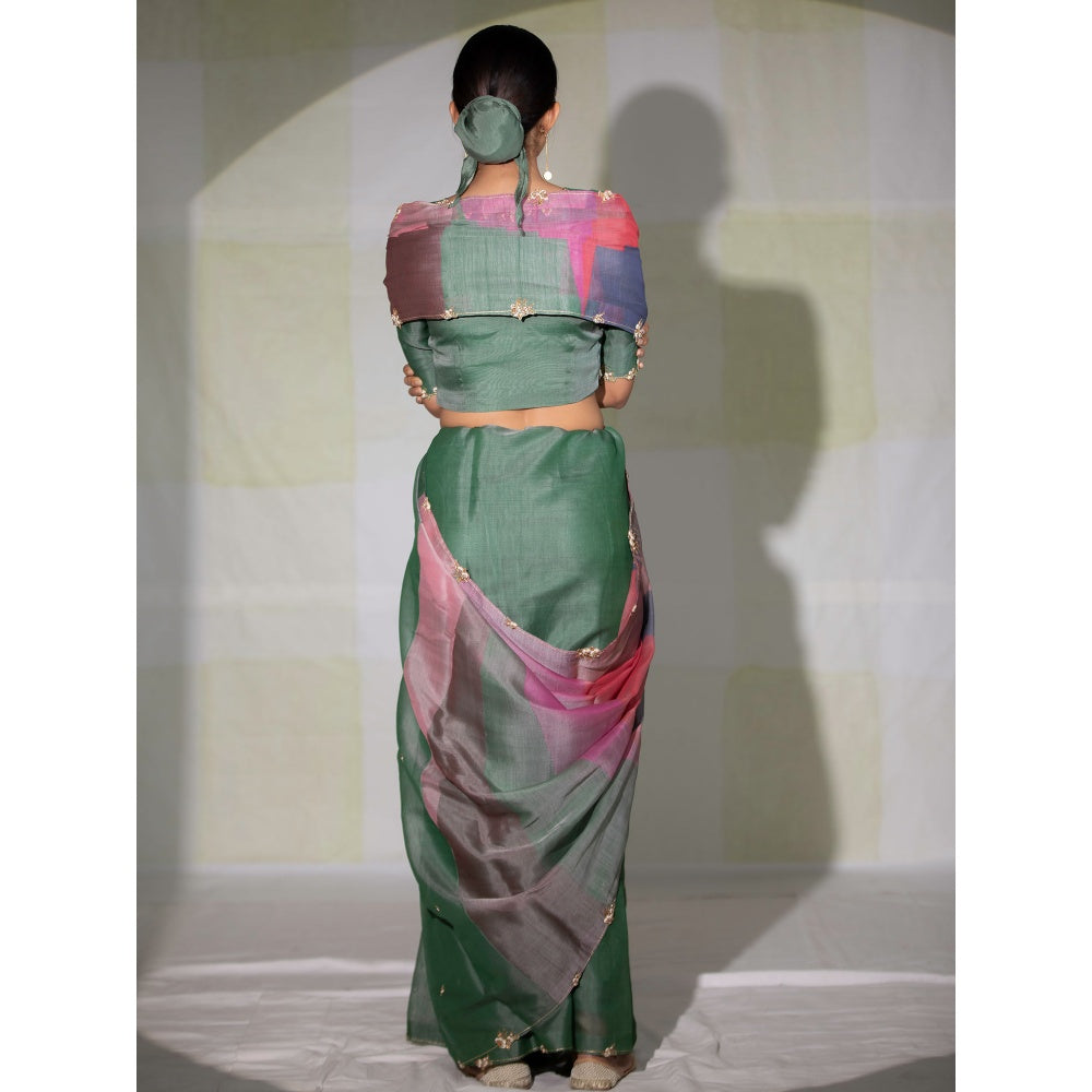 DEEPTHEE Green Colorblock Hand Embellished Saree with Stitched Blouse