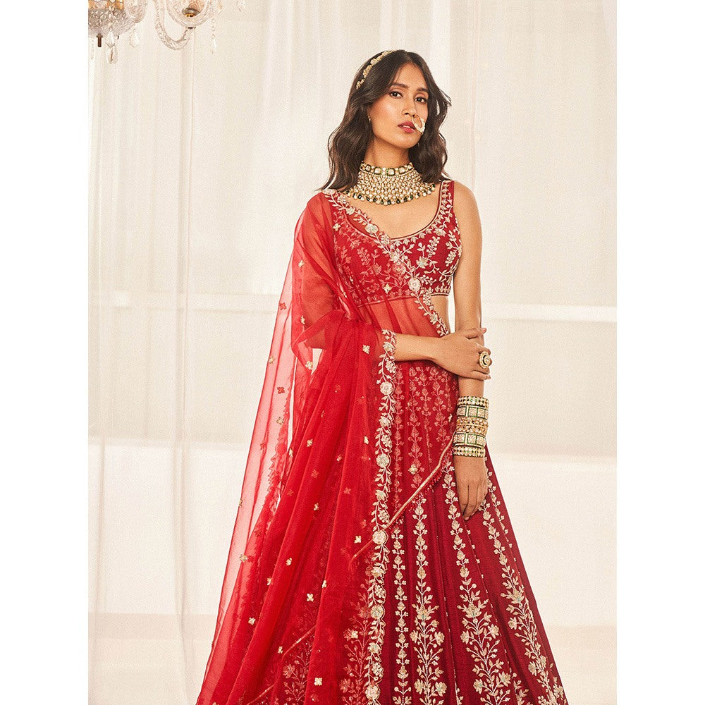 DISHA MUCHHALA Cherry Red Bridal Lehenga with Blouse and Dupatta (Set of 3)