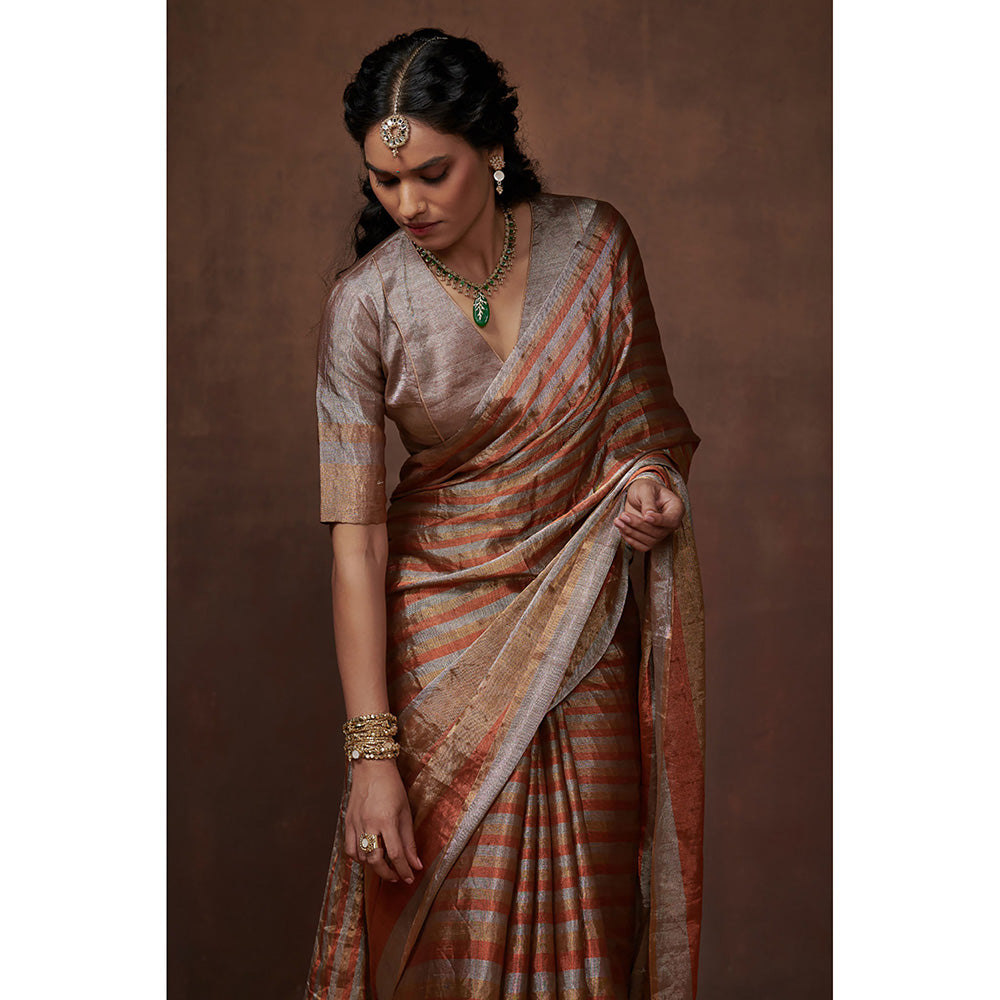 Dressfolk Handwoven Silver, Gold & Copper Stripes Tissue Saree with Glass Beads Charm withBlouse
