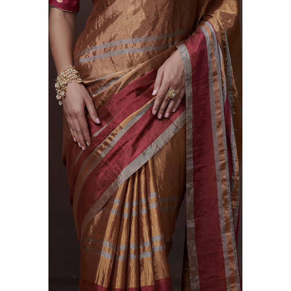 Dressfolk Handwoven Classic Gold With Silver & Pink Zari Border Tissue Saree with Blouse Fabric