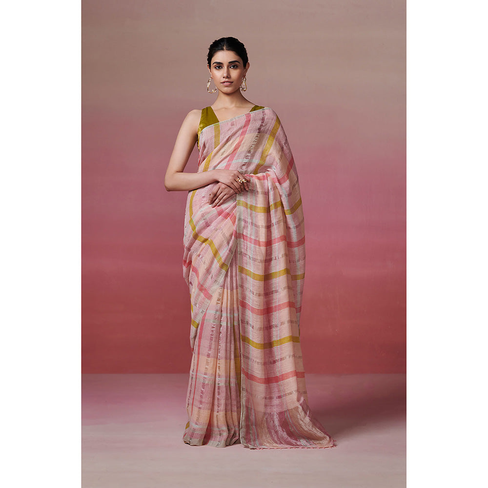 Dressfolk Handwoven 100% Linen Peach & Powder Pink Symphony Saree With Zari Work, Glass Beads Edge