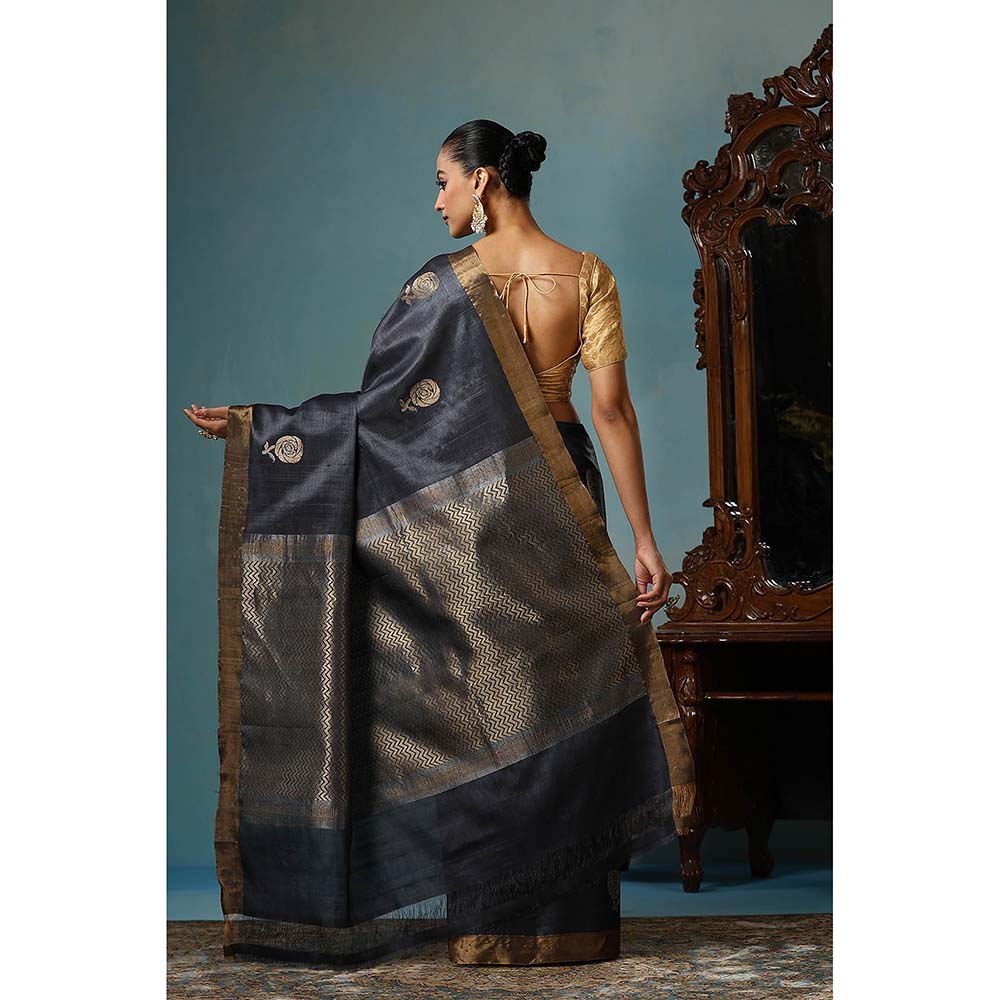 Dusala India Camellia Handwoven Dark Grey Kosi Silk Mark Saree with Unstitched Blouse