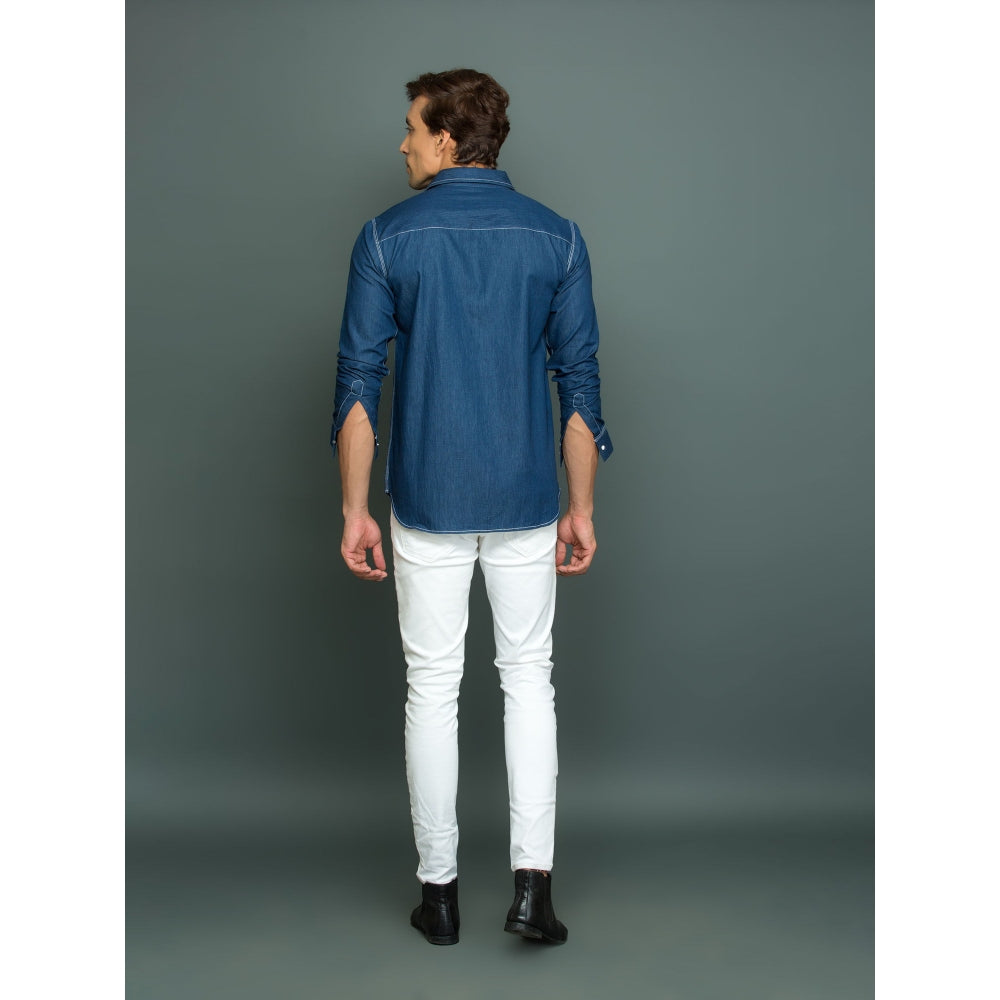 Echke Blue Denim with White Press Button Pocket with White Stitch Detailing