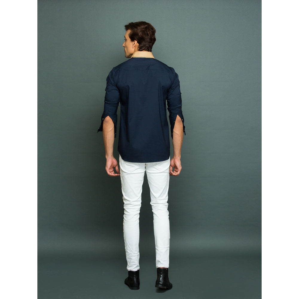 Echke Blue Shirt with Khakhi Long Front Patch and Rounded Collar