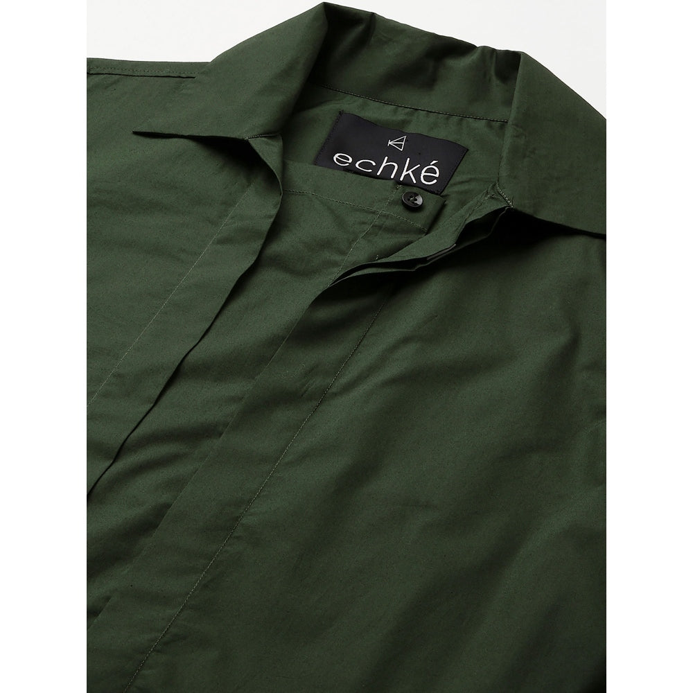 Echke Military Green Shirt Double Placket with Concealed Buttons