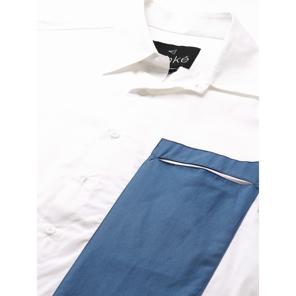 Echke White Shirt with Slate Blue Patch on One Side Slit Pocket Feature