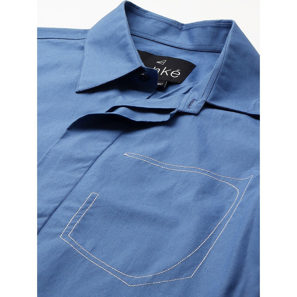 Echke Slate Blue Shirt with White Stitching Half Pocket Feature