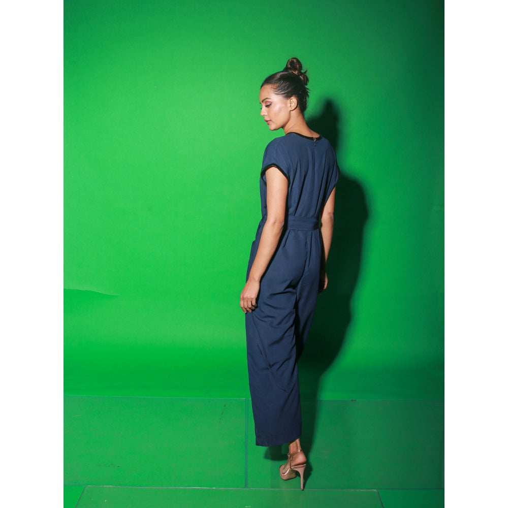 Echke Blue Jumpsuit With Tie-Up And Black Leather Piping Around The Neck (Set of 2)