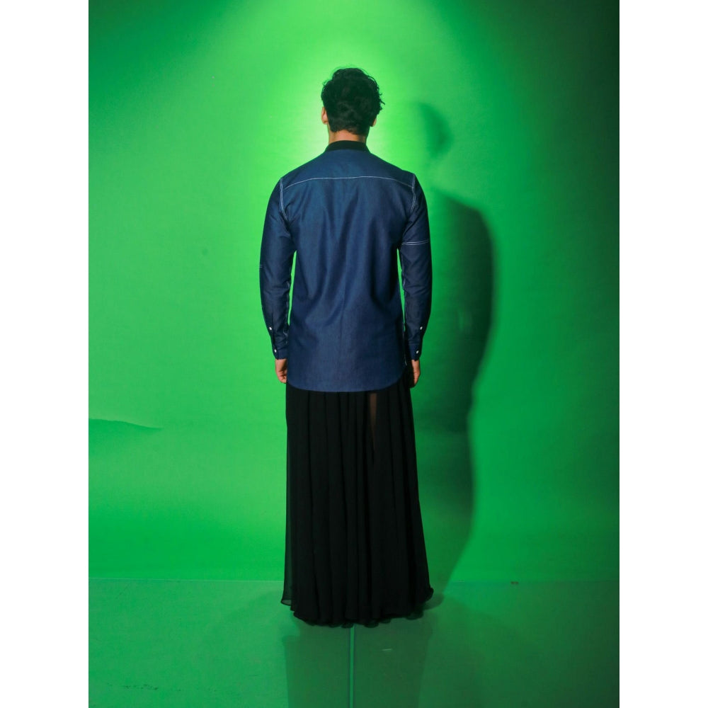 Echke Navy Blue Solid Denim Shirt