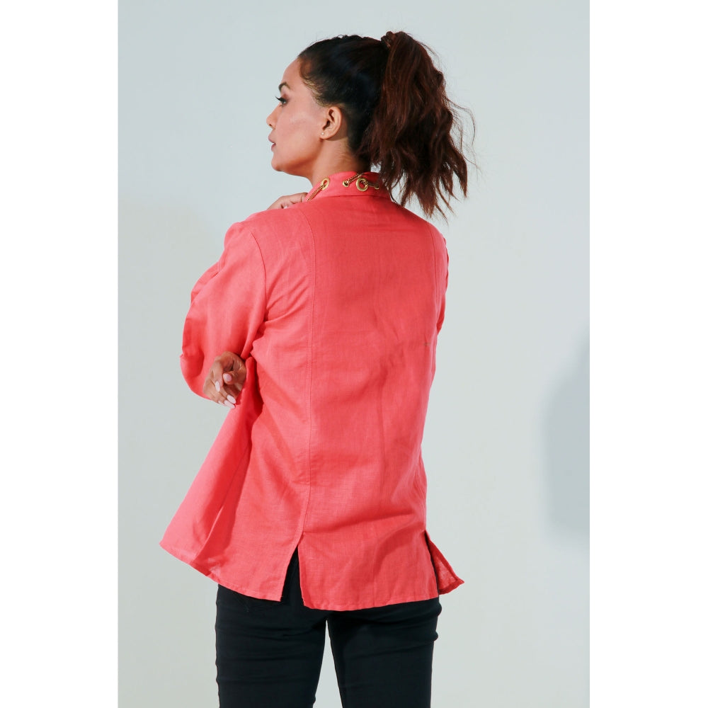Echke Coral Linen Shirt with Detached Pockets and Eyelet and Zip Feature