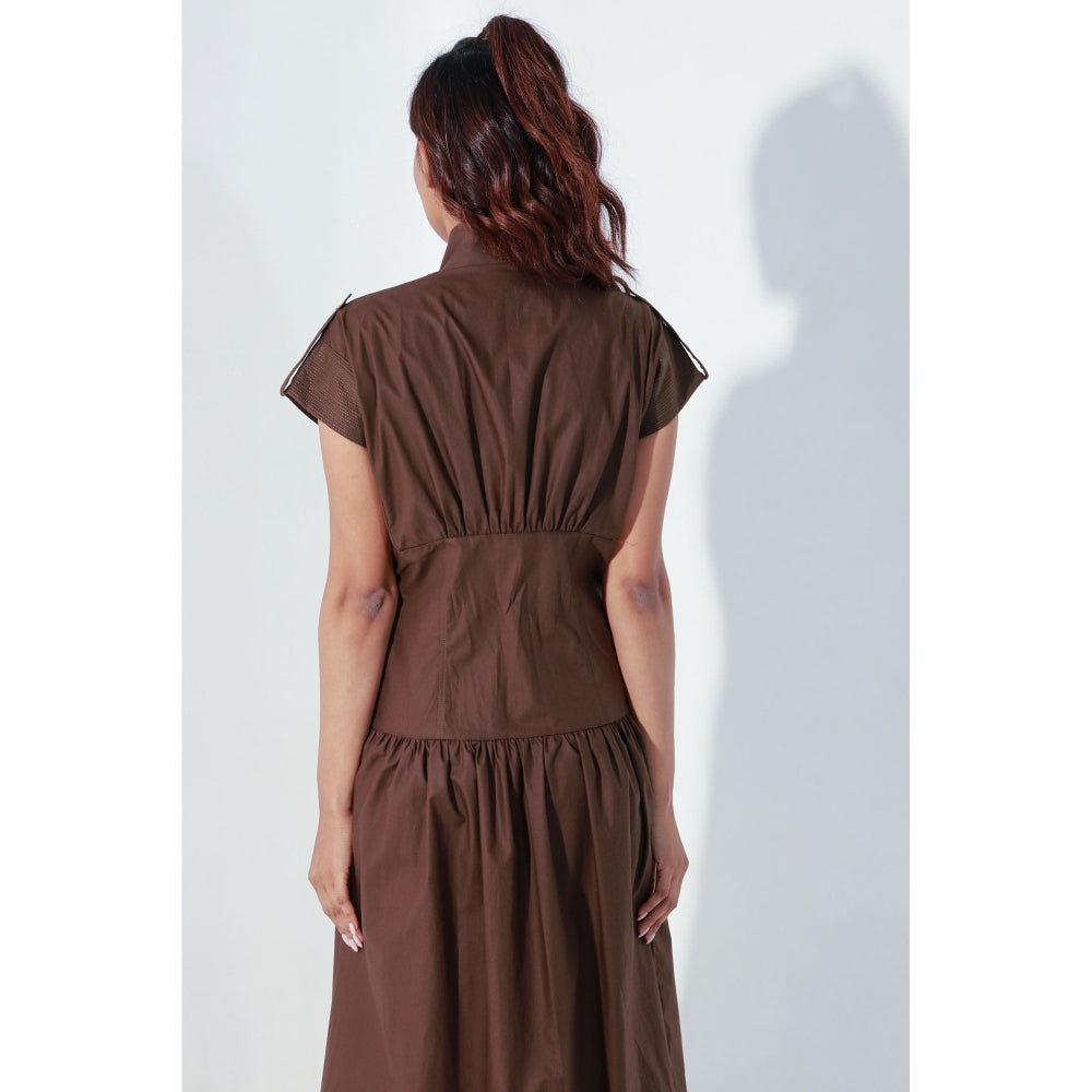 Echke Chocolate Brown Midi Dress with Quilting Feature and Zipper Placket
