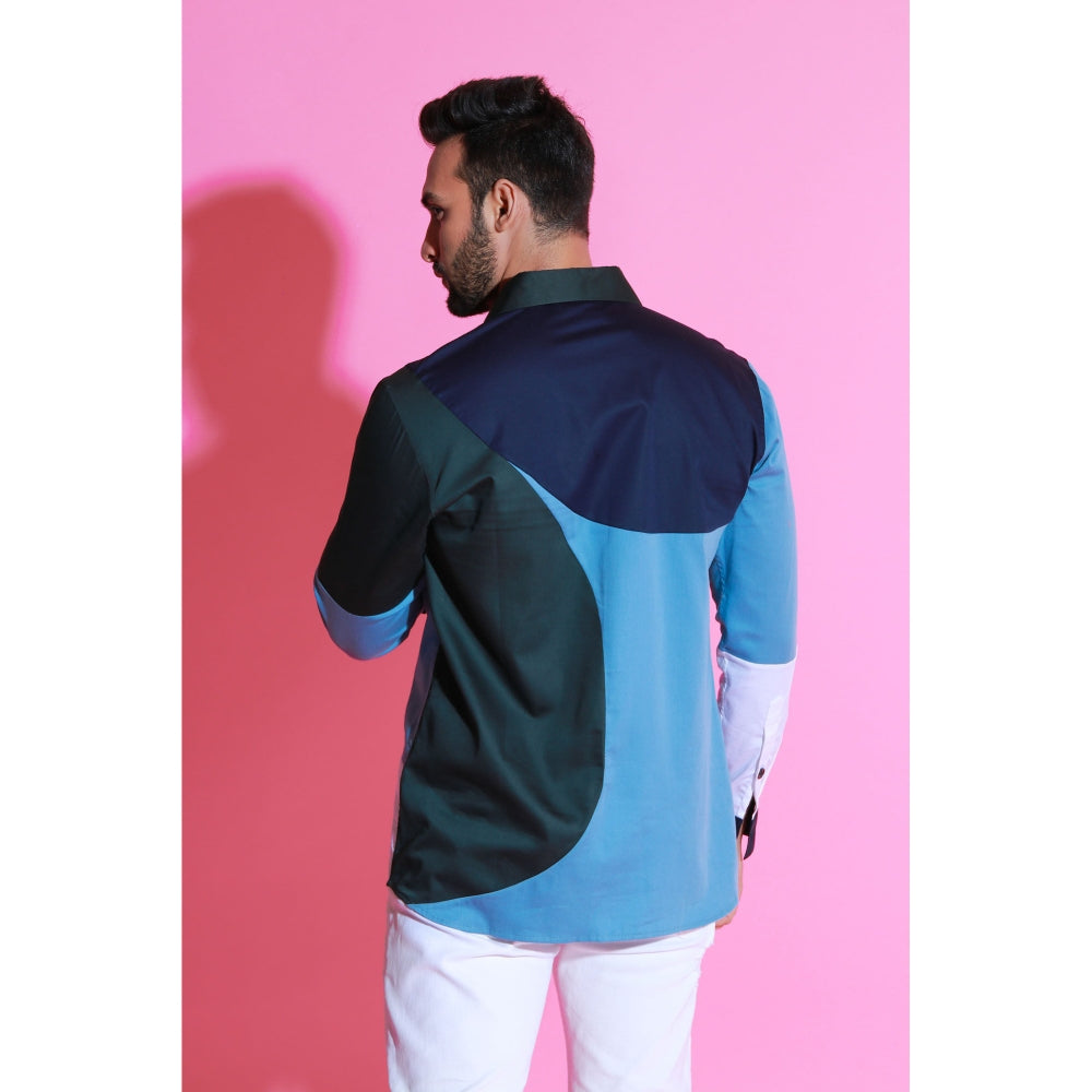 Echke White, Light Blue, Navy Blue and Black Full Sleeves Circular Pattern Patchwork Shirt