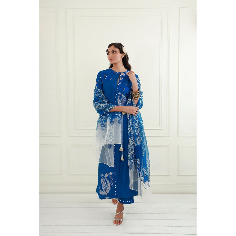 EK Soot Electric Blue Chanderi Kurta with Pant, Inner and Dupatta (Set of 4)