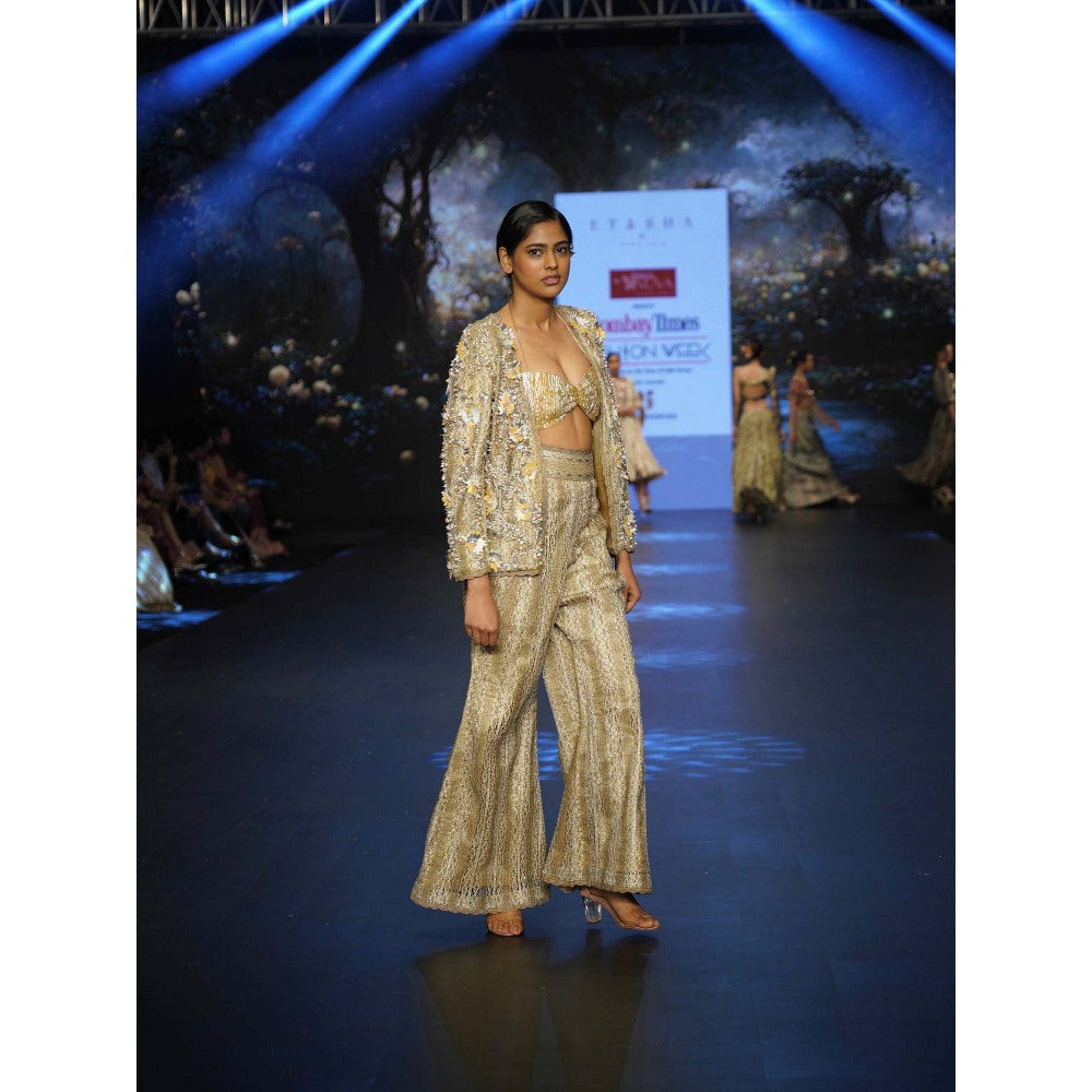 Etasha by Asha Jain Beige Metallic Tissue Bustier with Pant and Blazer (Set of 3)