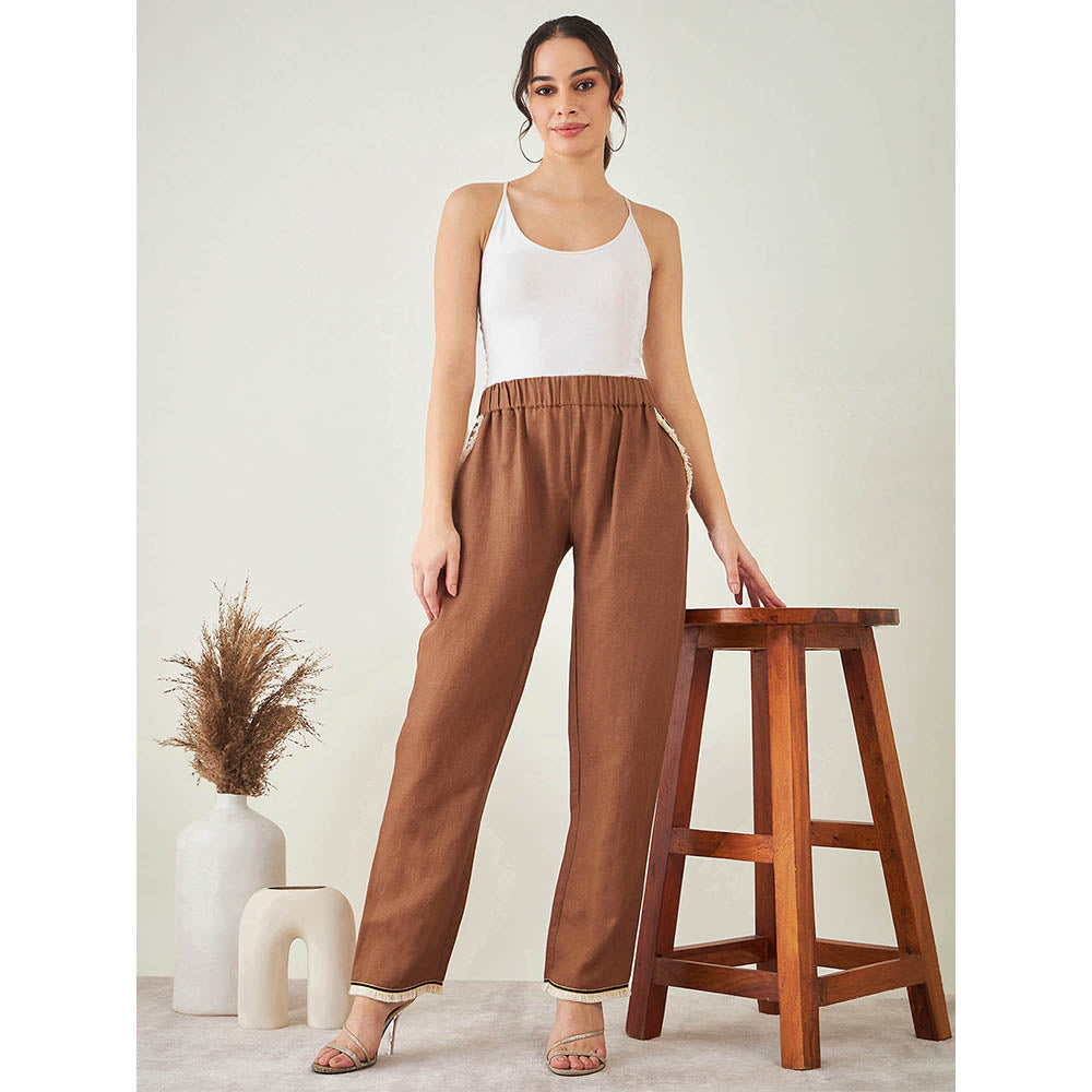 First Resort by Ramola Bachchan Brown Linen Pant with Lace Detail