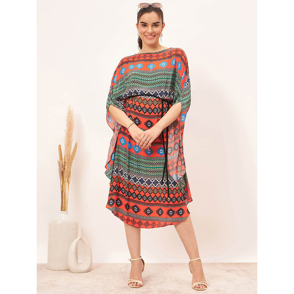 First Resort by Ramola Bachchan Multi Color Aztec Poncho Midi Dress with Belt (Set of 2)