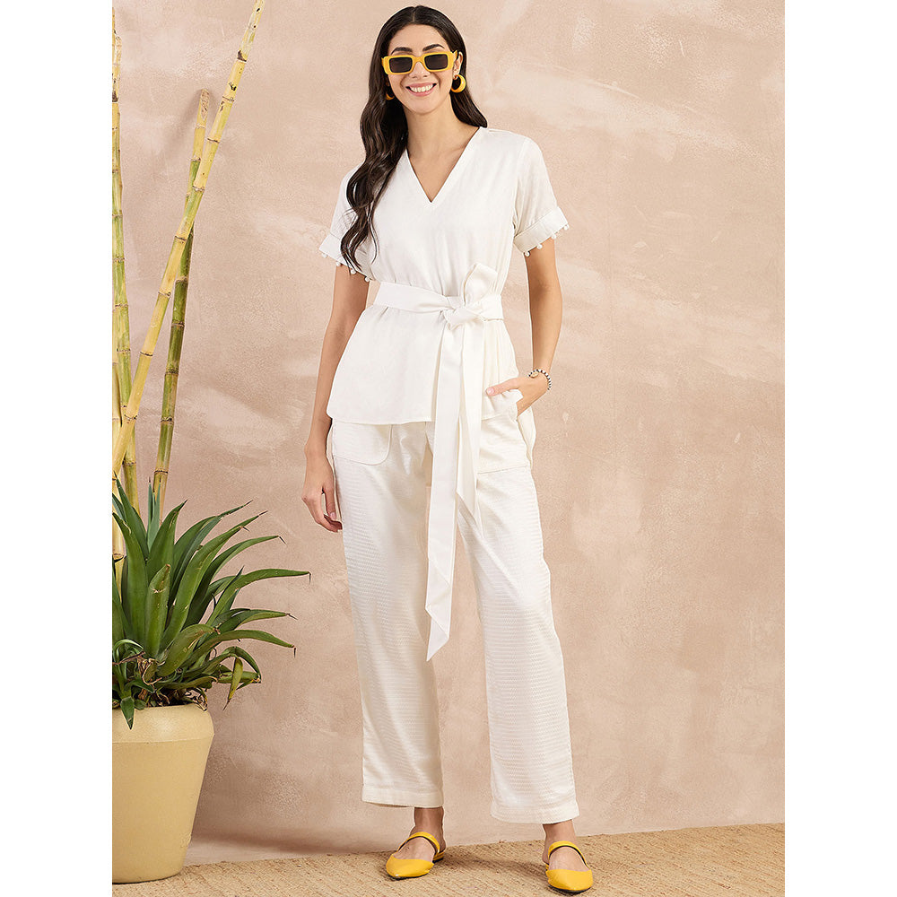 First Resort by Ramola Bachchan White Herringbone Self Design Co-Ord (Set of 3)