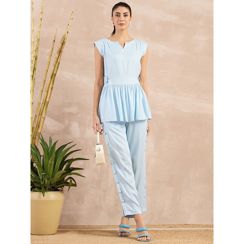 First Resort by Ramola Bachchan Sky Blue Herringbone Peplum Top