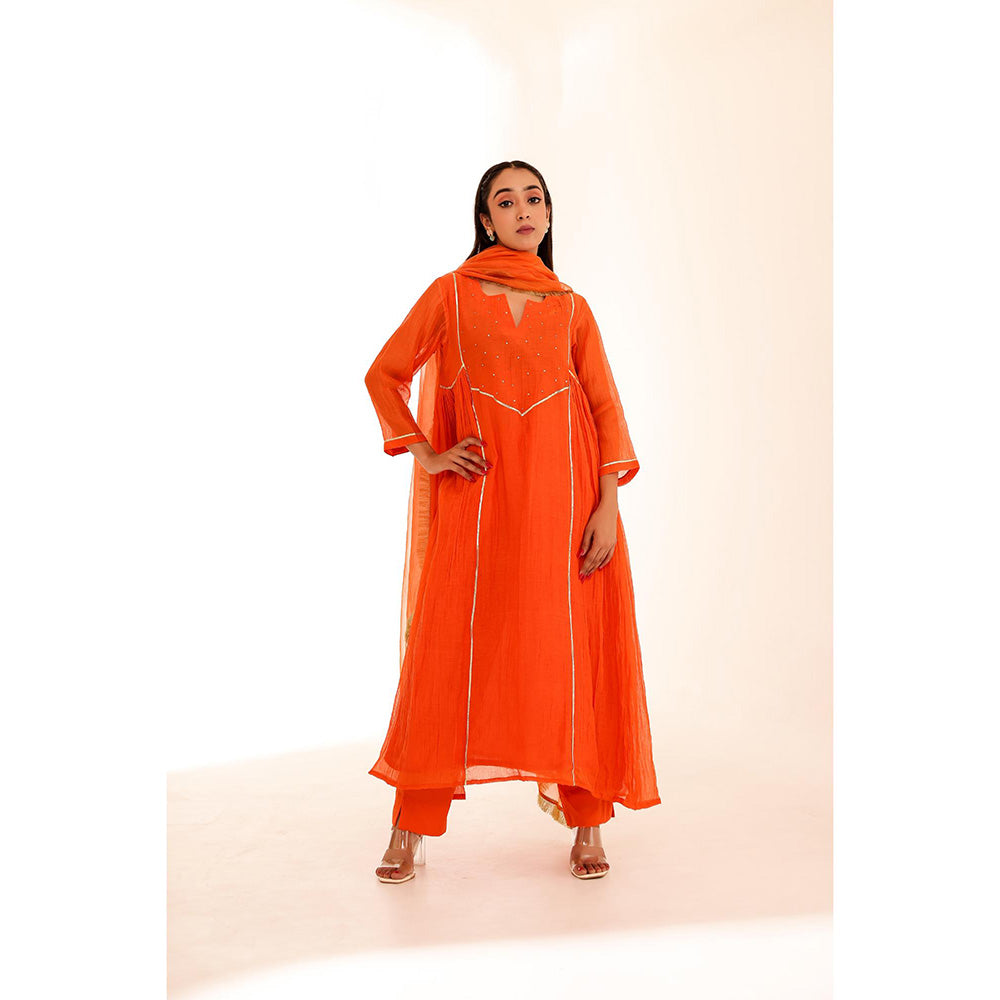 Firann By Shaheen Orange Anarkali with Pant and Dupatta (Set of 3)