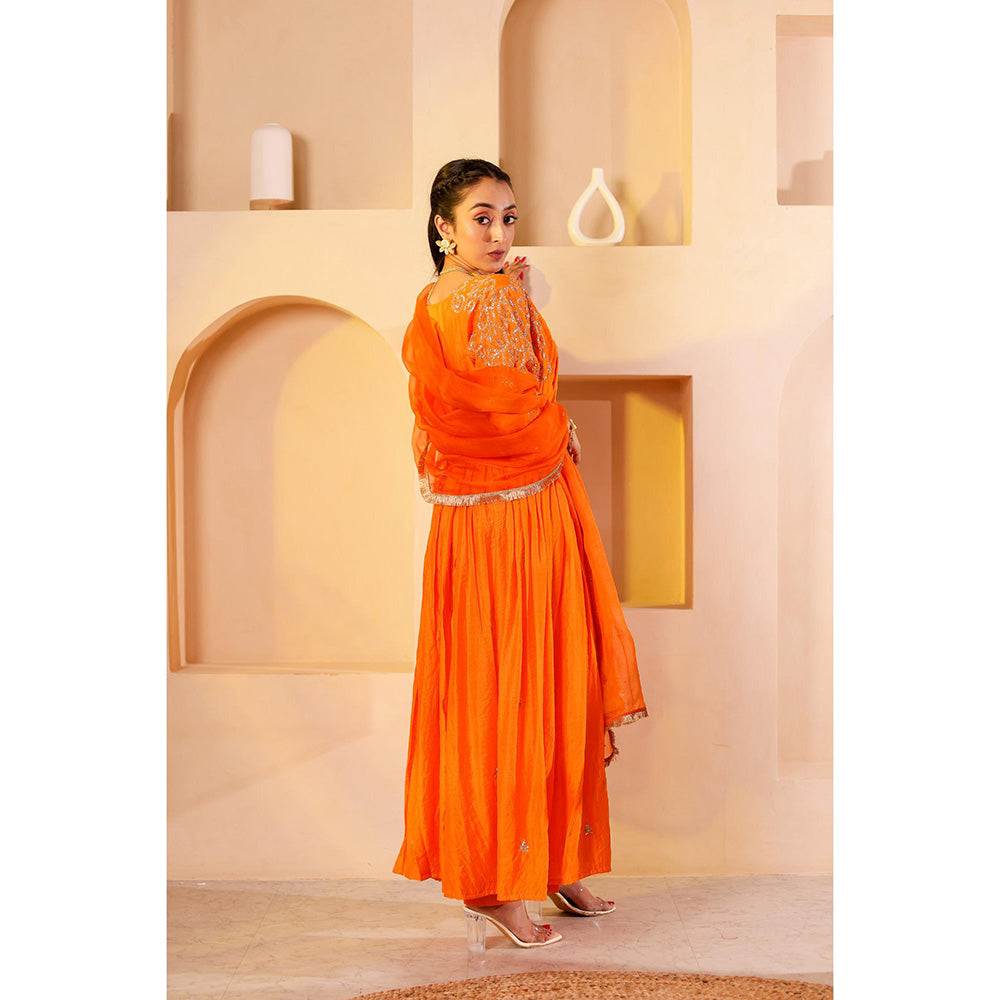 Firann By Shaheen Orange Anarkali with Palazzo and Dupatta (Set of 3)