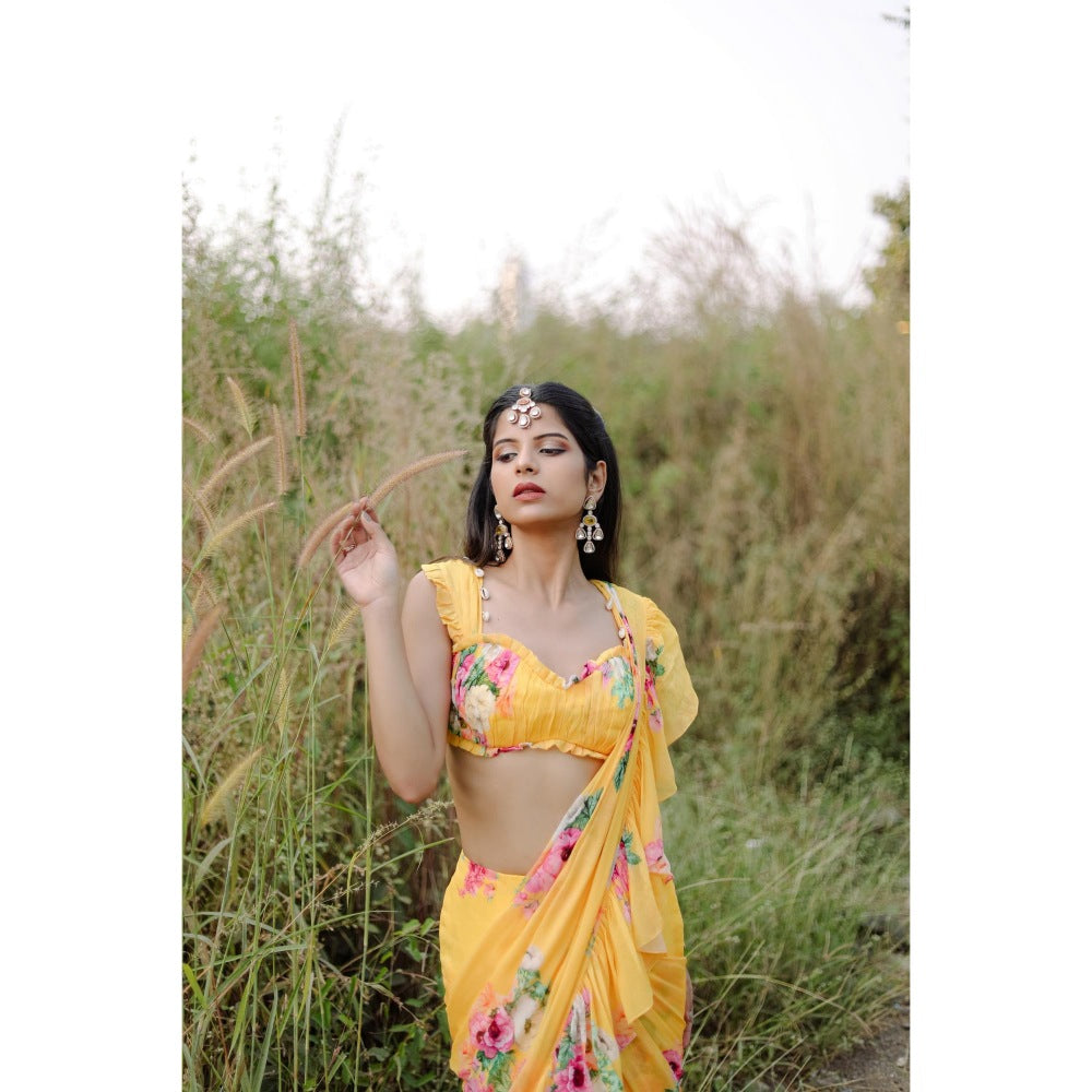 FORAM PATEL Yellow Floral Printed Pre-Draped Ruffle Saree with Stitched Blouse