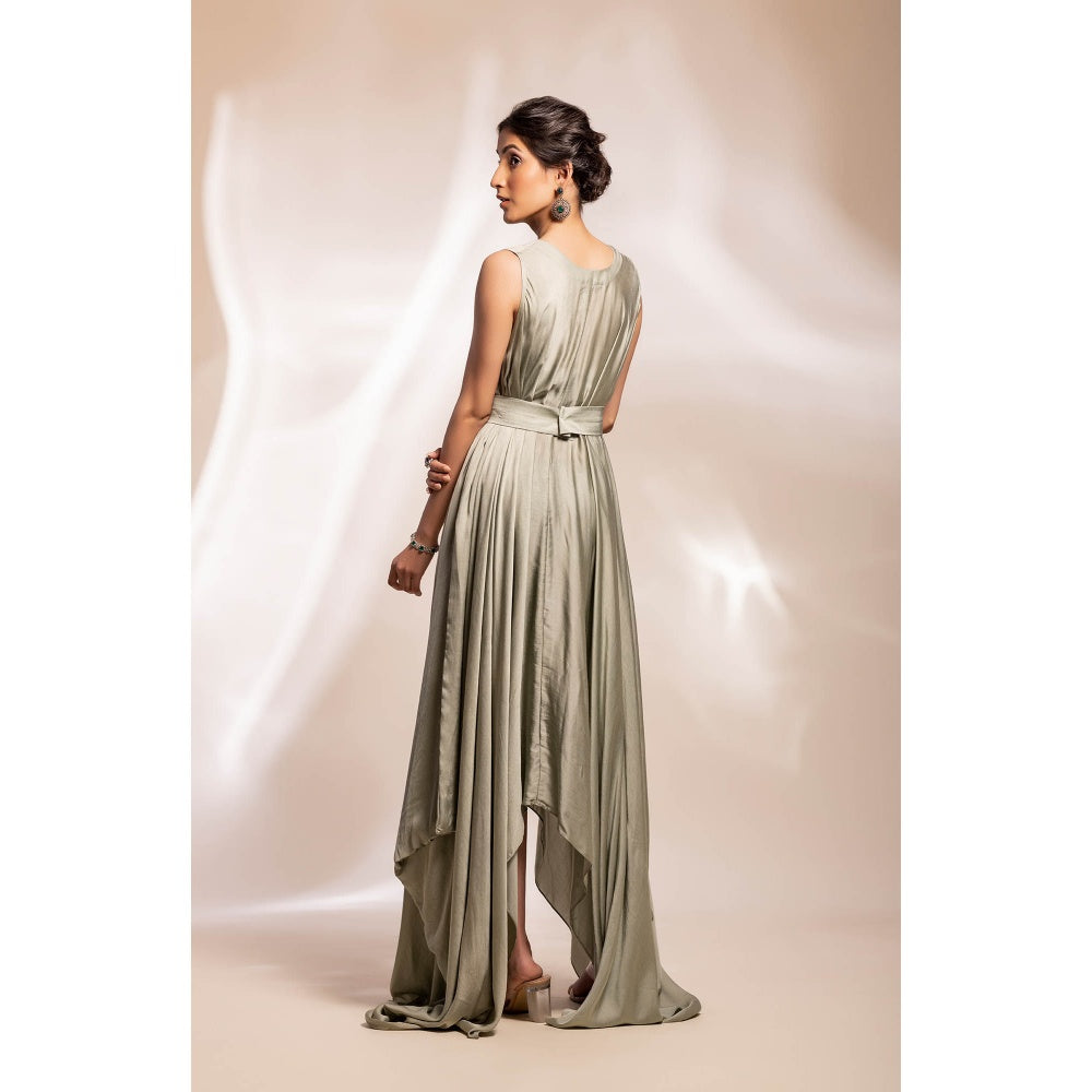 GEE SIN by Geetanjali Singh Sage Green Dress with Abstract Floral Motifs Cape (Set of 2)