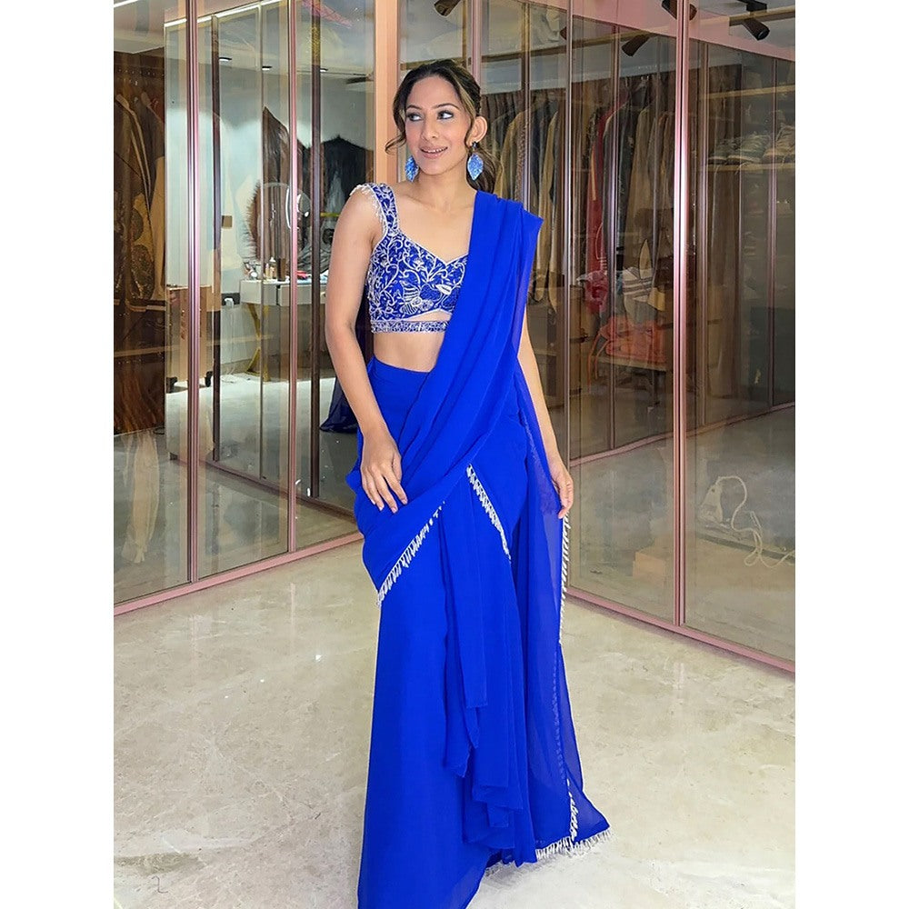 Glamique by Gungun Royal Blue Cut-Out Saree with Stitched Blouse