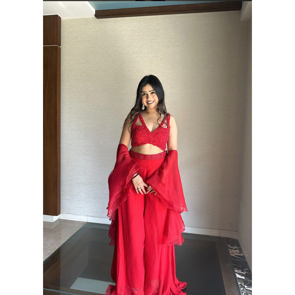 Glamique by Gungun Women Red Blouse with Palazzo and Dupatta (Set of 3)