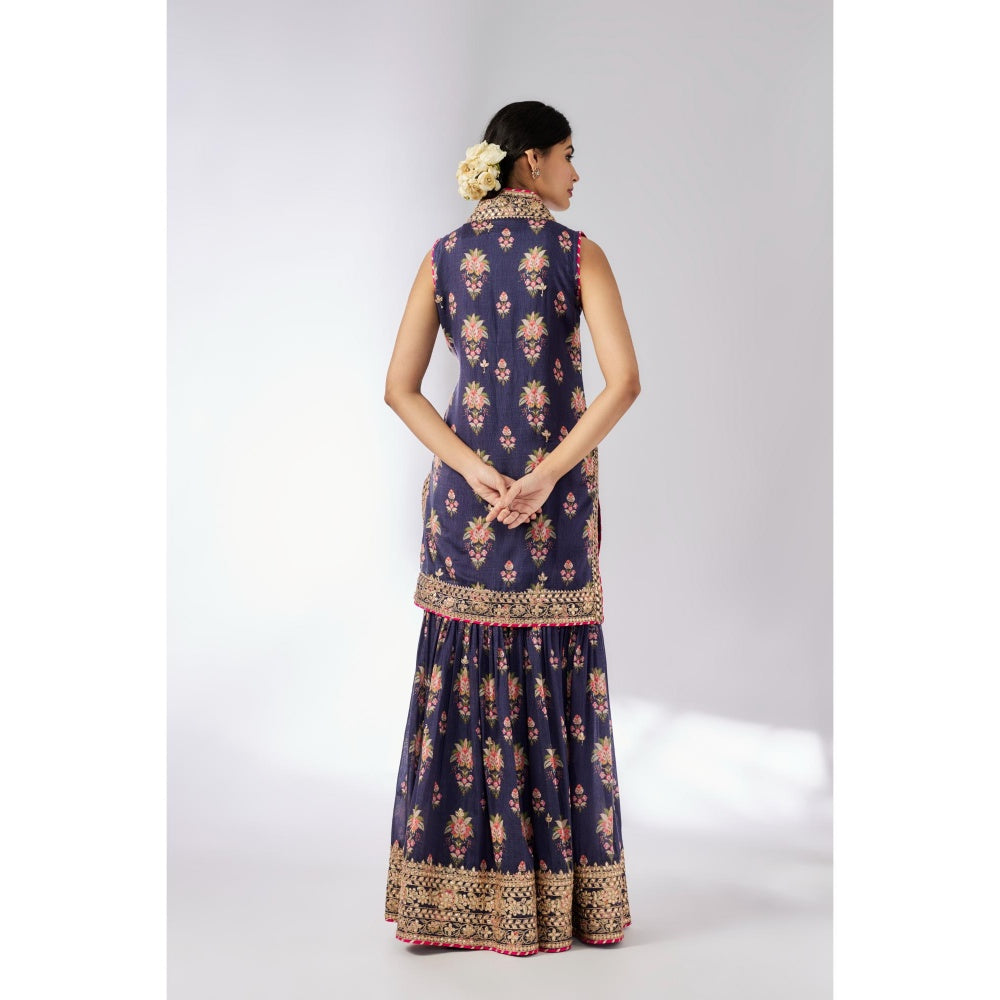Gopi Vaid Navy Blue Dhriti Sleeveless Sharara with Kurta and Dupatta (Set of 3)