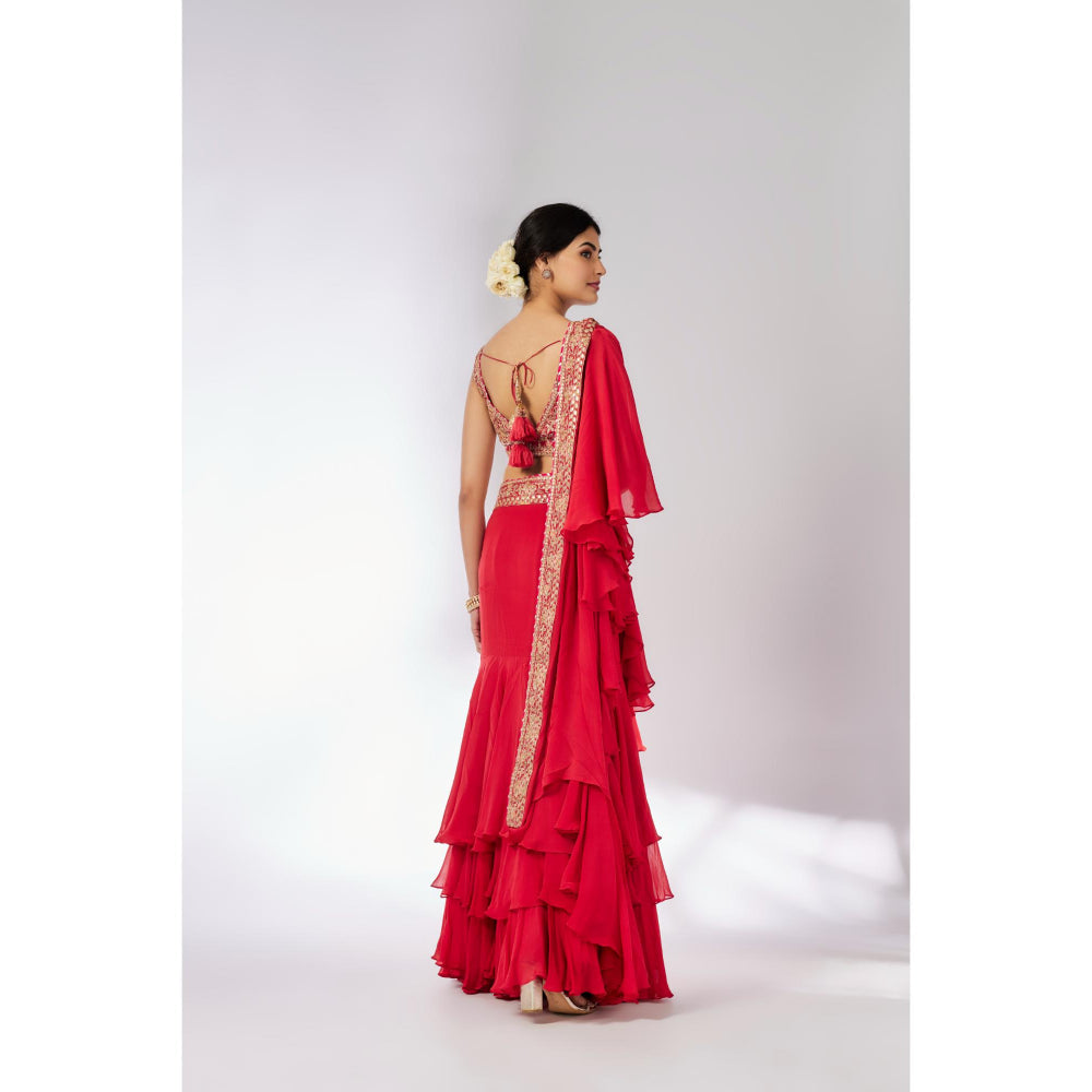 Gopi Vaid Red Shifa Pre Draped Saree with Stitched Blouse