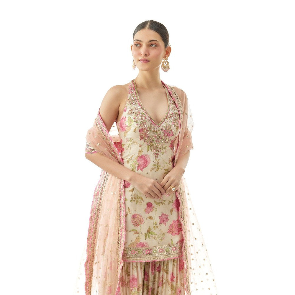 Gopi Vaid Dhvanika Halter Ivory Kurti with Sharara and Dupatta
