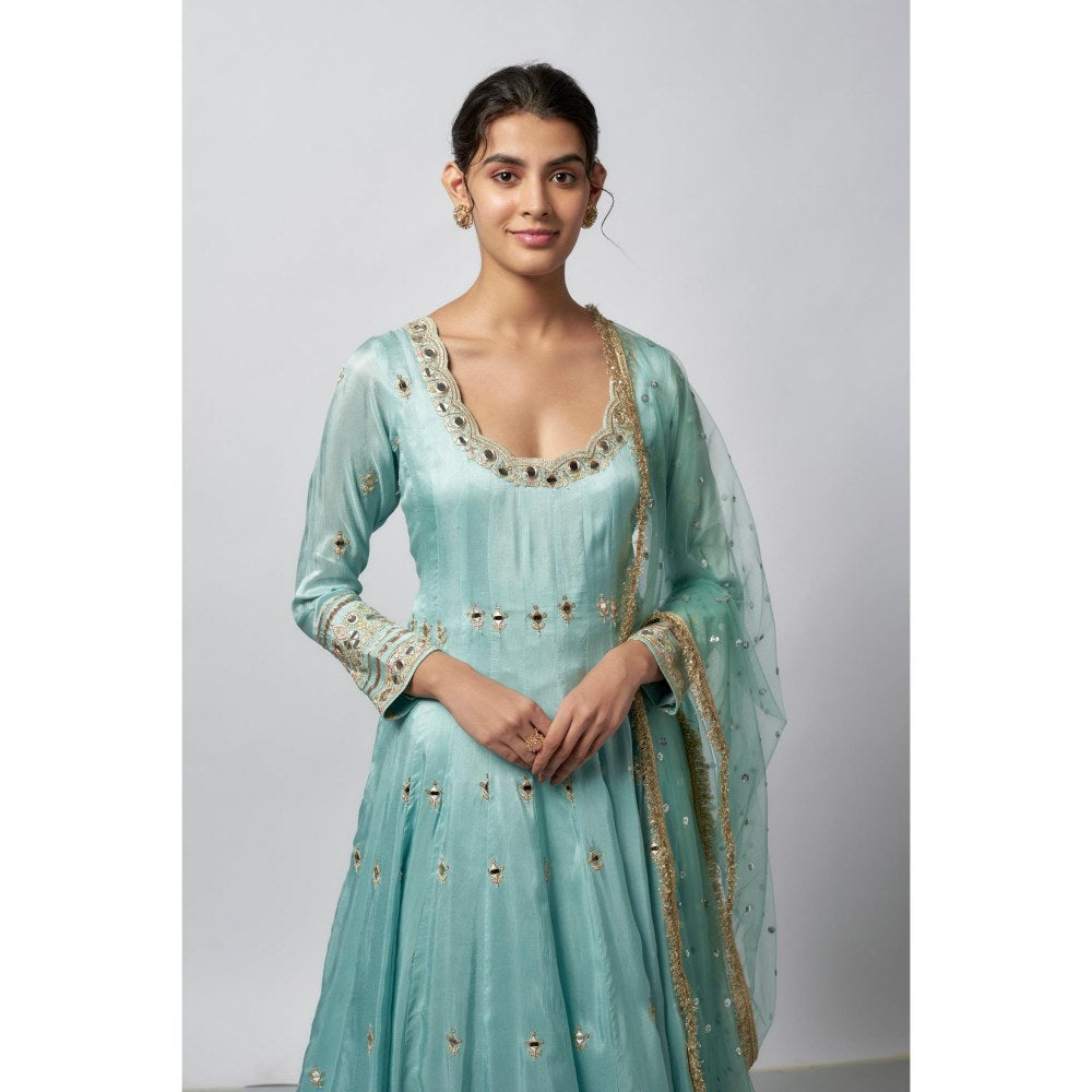 Gopi Vaid Fahar Blue Embroidered Anarkali Kurta with Palazzo and Dupatta