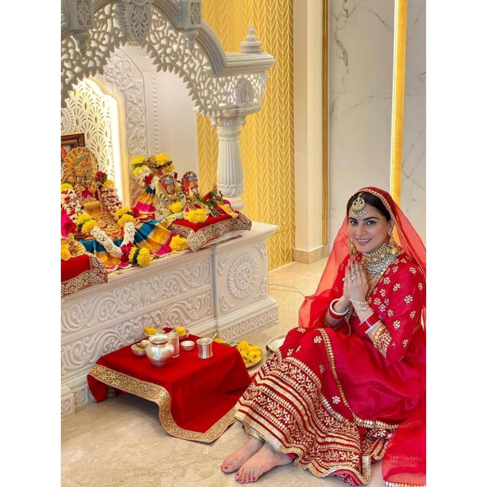 Gopi Vaid Marigold Red Embroidered Kurta with Sharara and Dupatta